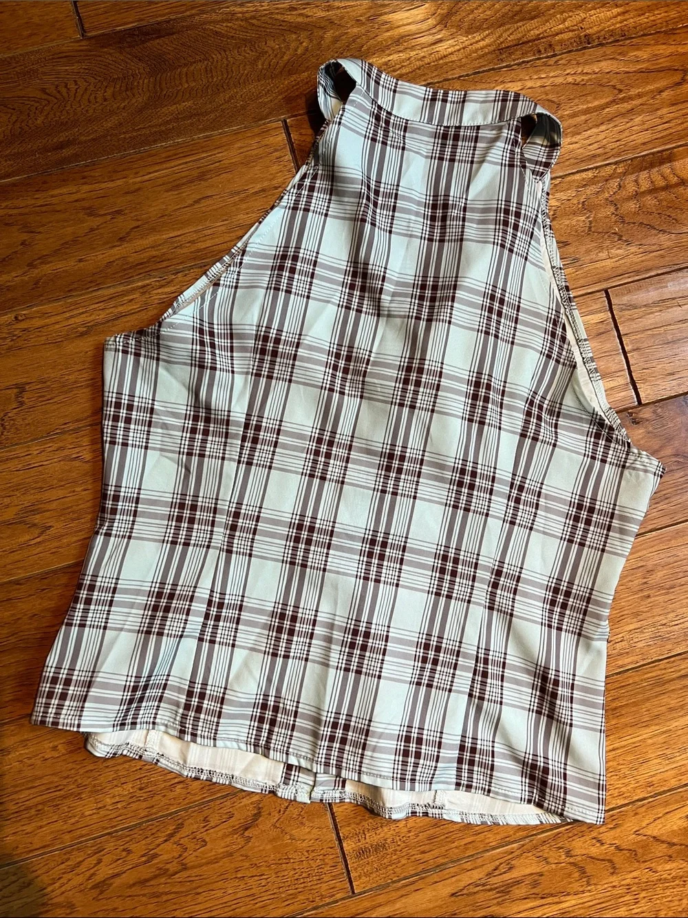 Plaid Button-Front Sleeveless Top in Light Blue and Brown